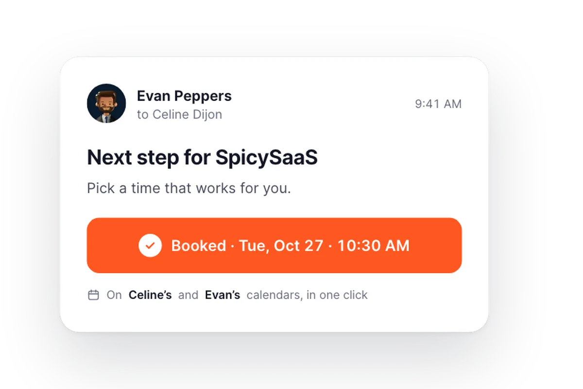 ChiliCal: Celine Dijon is booked with Evan Peppers, Tuesday 10:30 AM, on both calendars in one click